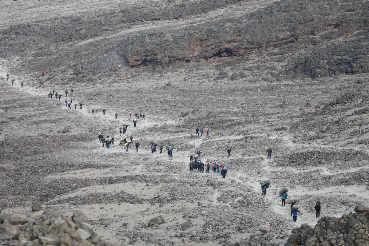 A line of hikers following a trail across Kilimanjaro